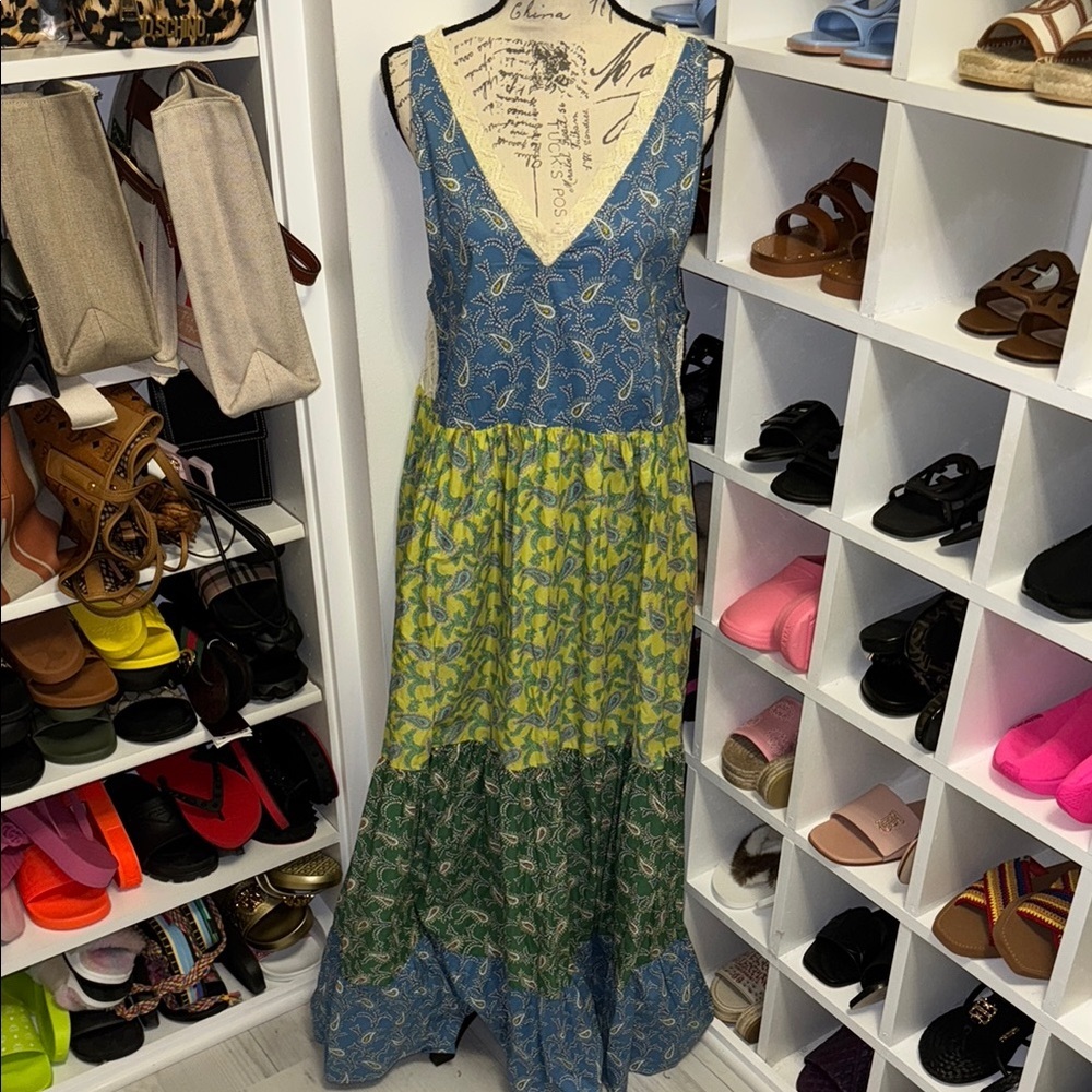 Blue and Yellow Maxi Dress with Elegant Flow